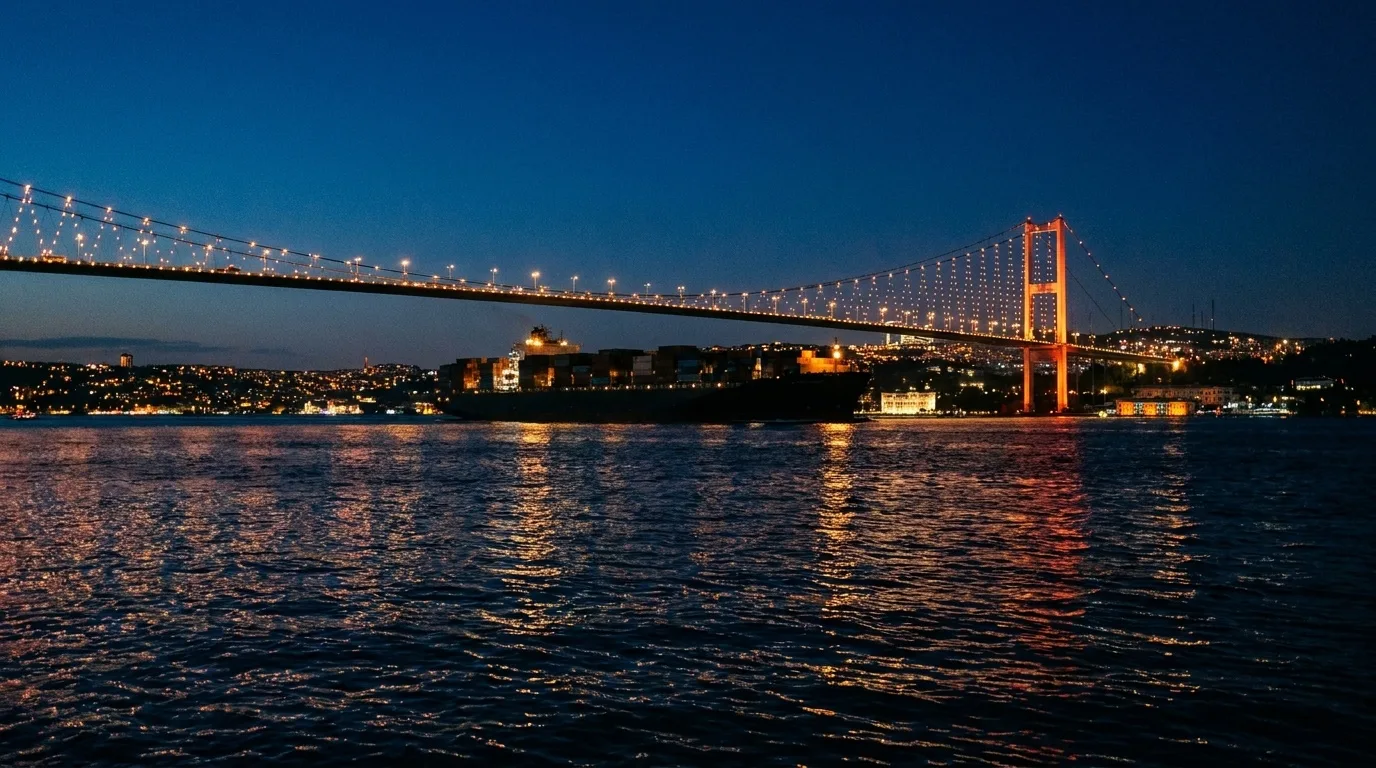 Containerschiff passiert zur Blauen Stunde die beleuchtete Bosporus-Brücke zwischen Europa und Asien
